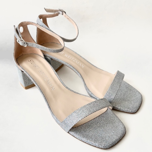 Stuart Weitzman Nudistcurve 35 Silver Block Heel Ankle Strap Sandals Pumps 10.5 - Picture 8 of 9